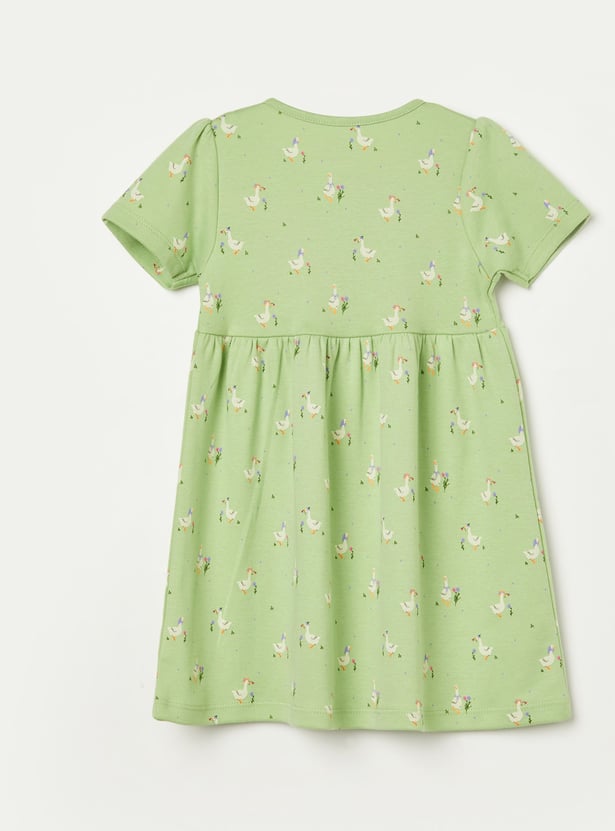 FS MINI KLUB Girls Printed and Striped Dress Set
