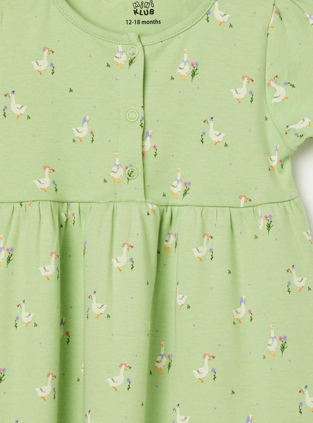 FS MINI KLUB Girls Printed and Striped Dress Set
