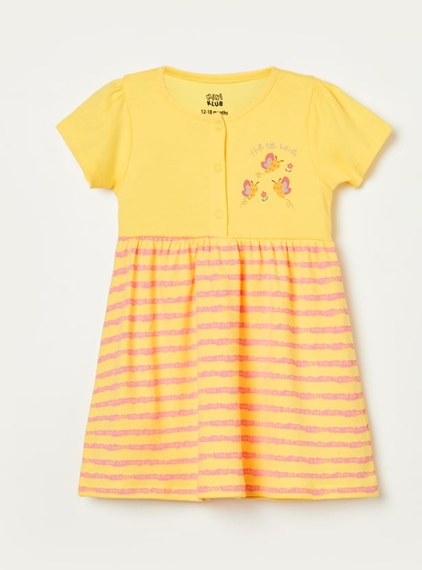 FS MINI KLUB Girls Printed and Striped Dress Set