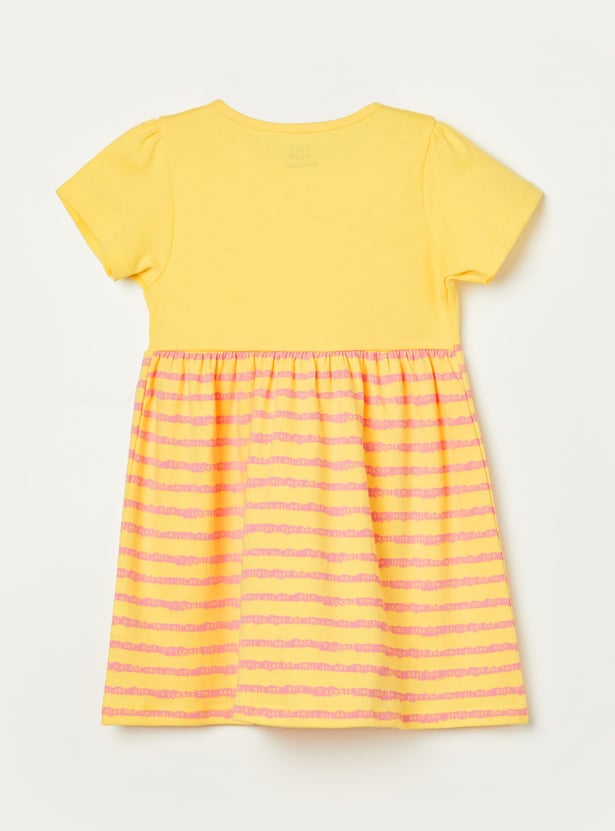 FS MINI KLUB Girls Printed and Striped Dress Set