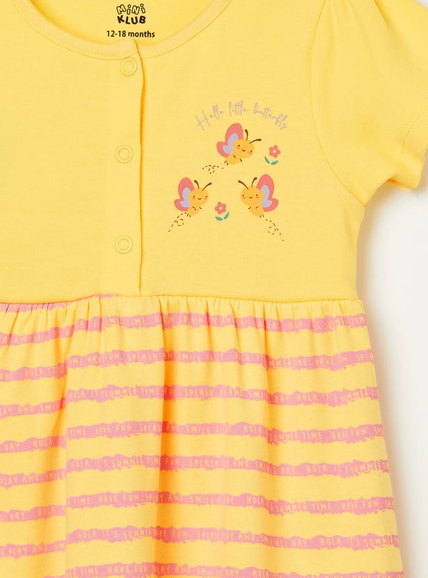 FS MINI KLUB Girls Printed and Striped Dress Set