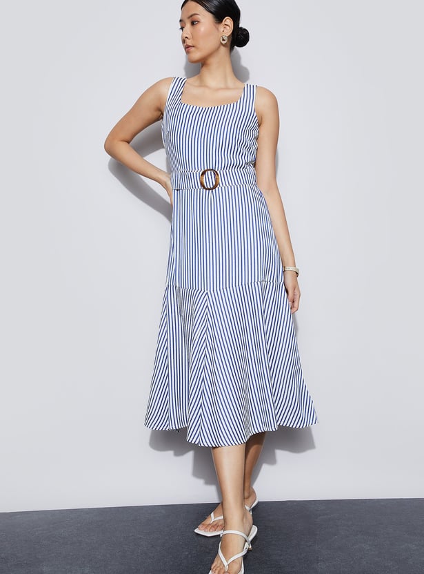 CODE Striped Fit & Flare Dress with Belt