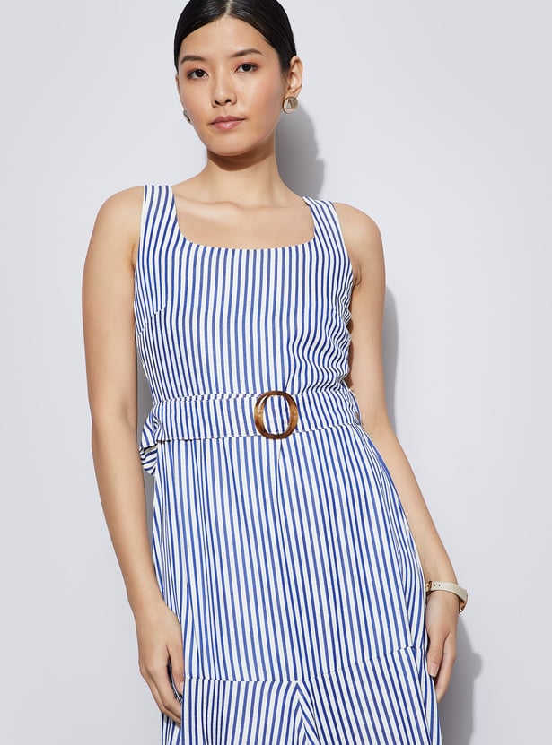 CODE Striped Fit & Flare Dress with Belt