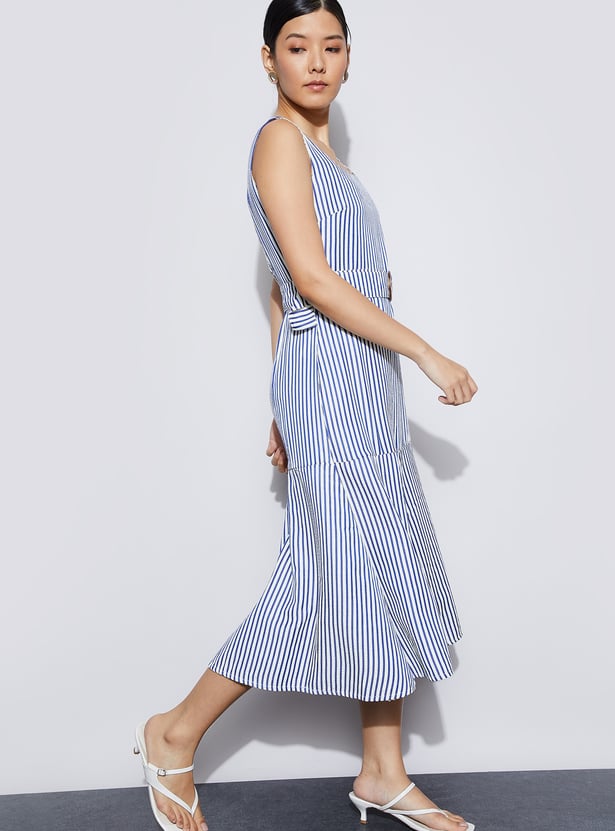 CODE Striped Fit & Flare Dress with Belt