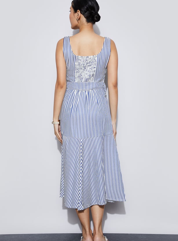 CODE Striped Fit & Flare Dress with Belt