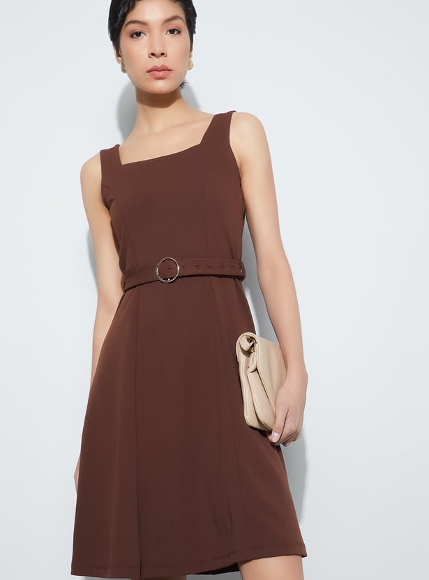 CODE Solid Belted A-line Dress