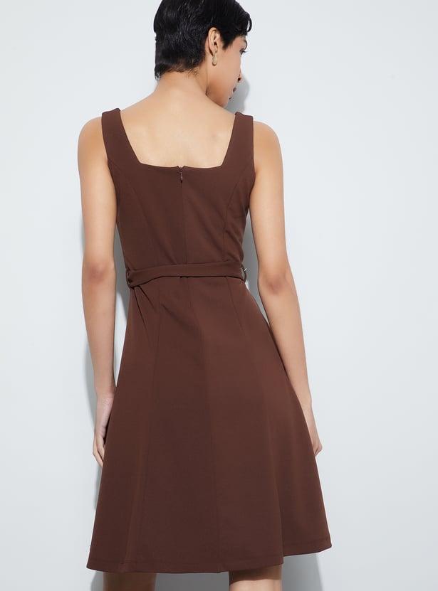 CODE Solid Belted A-line Dress