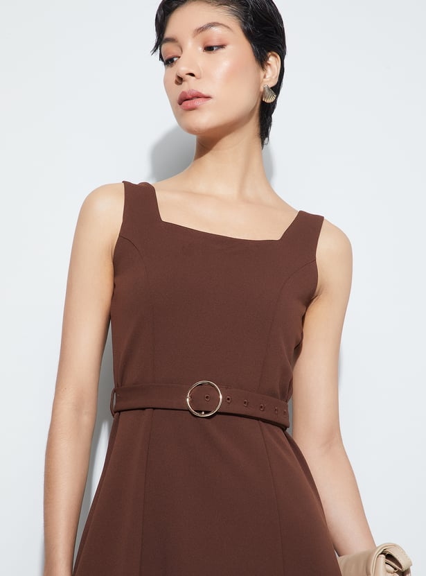 CODE Solid Belted A-line Dress