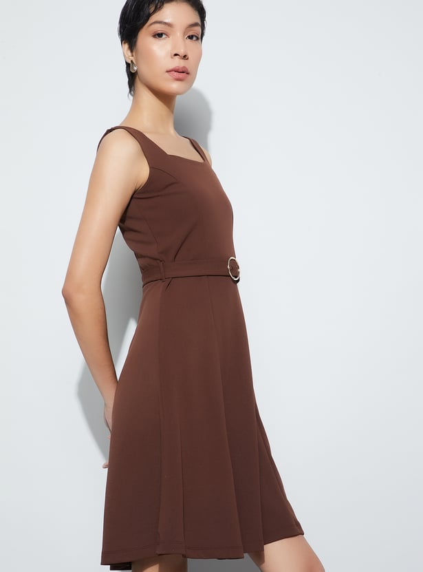 CODE Solid Belted A-line Dress