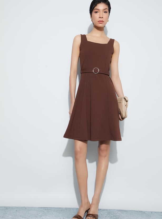 CODE Solid Belted A-line Dress