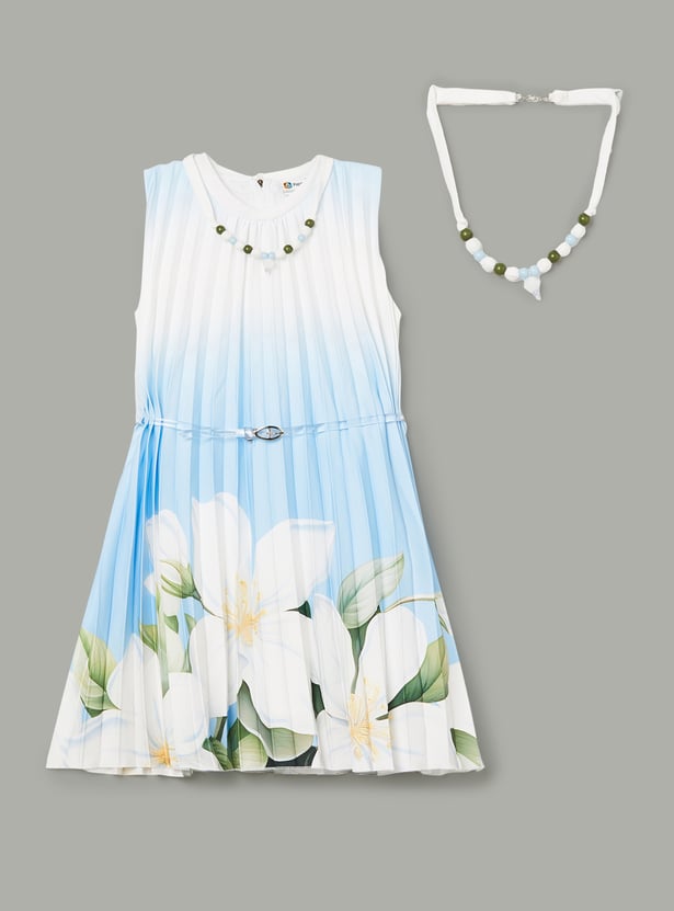 PEPPERMINT Girls Printed Dress with Belt and Necklace