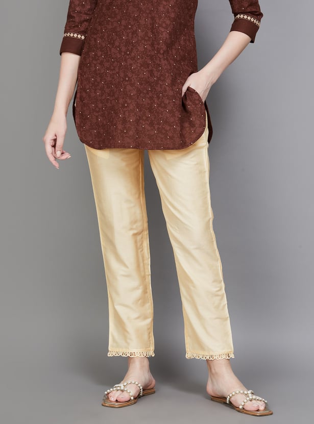 W Solid Straight Pants with Fringe Hem
