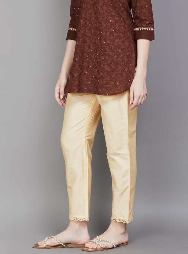 W Solid Straight Pants with Fringe Hem