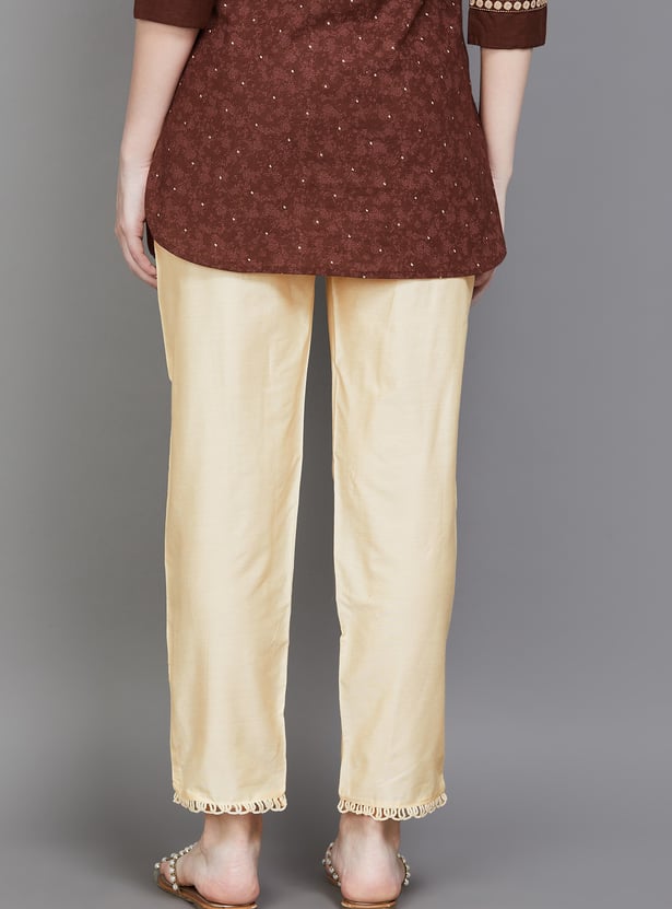 W Solid Straight Pants with Fringe Hem