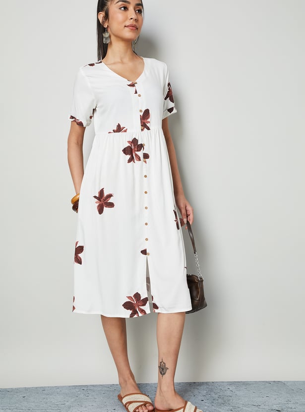 COLOUR ME Floral Print V-Neck Midi Dress