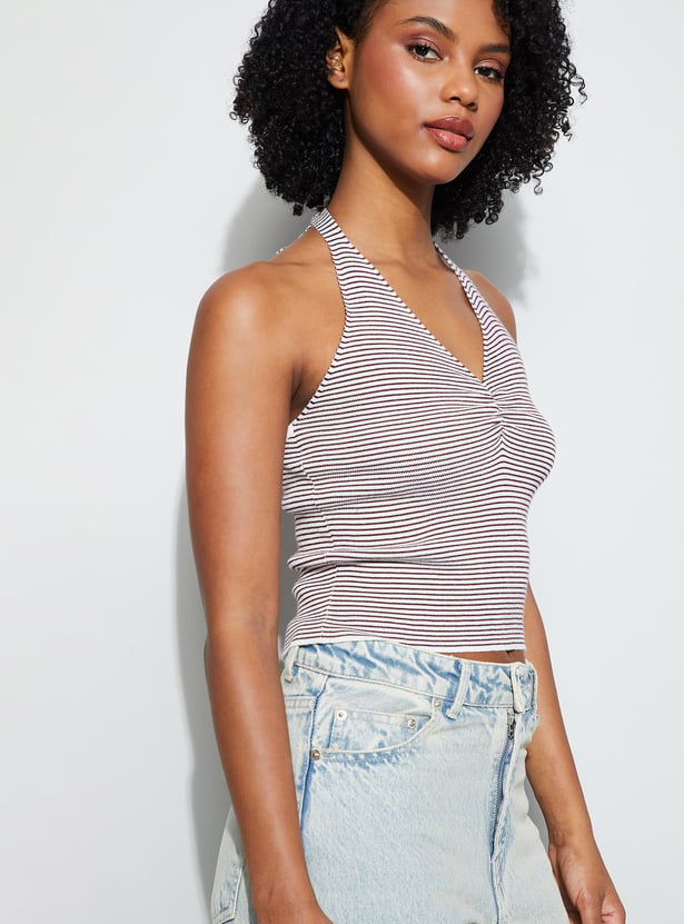 GINGER Striped Tie-Up Halter Top