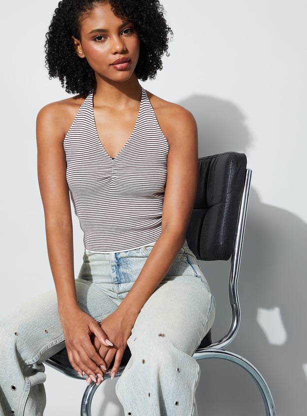 GINGER Striped Tie-Up Halter Top