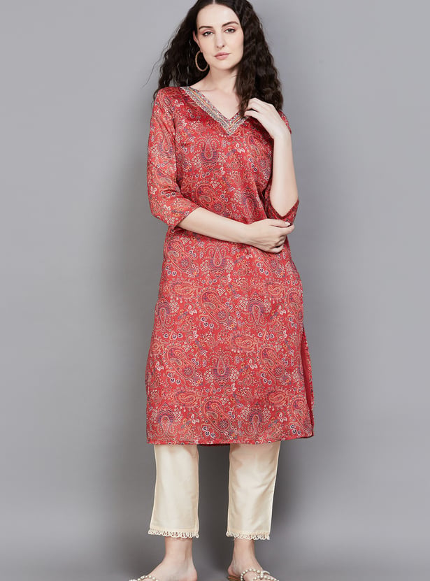 W Paisley Print V-Neck Straight Kurta