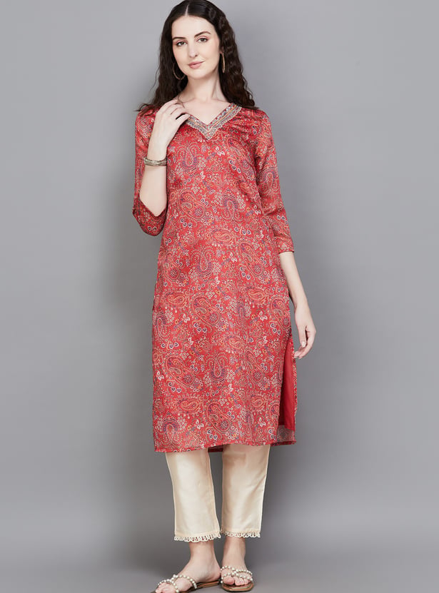 W Paisley Print V-Neck Straight Kurta