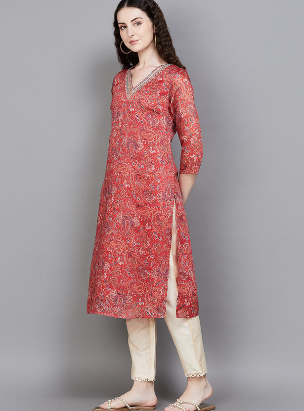 W Paisley Print V-Neck Straight Kurta
