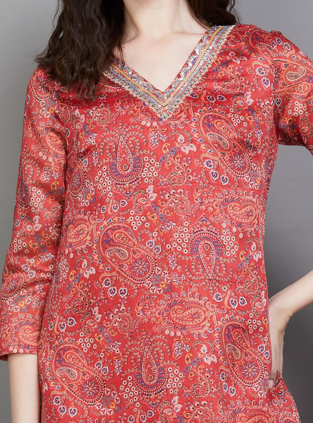 W Paisley Print V-Neck Straight Kurta