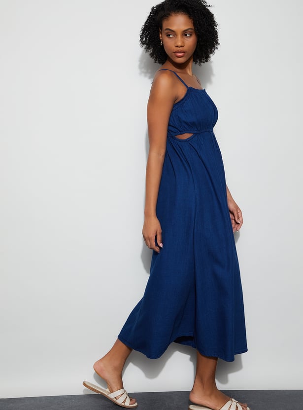 GINGER Solid Design Spaghetti Midi Dress