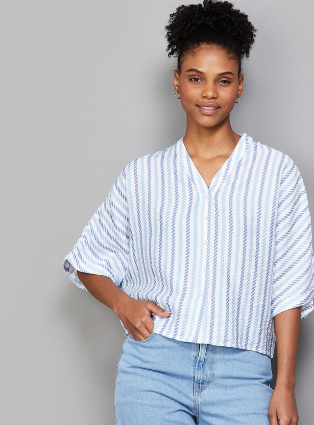AND Striped V-Neck Button Closure Crop Top