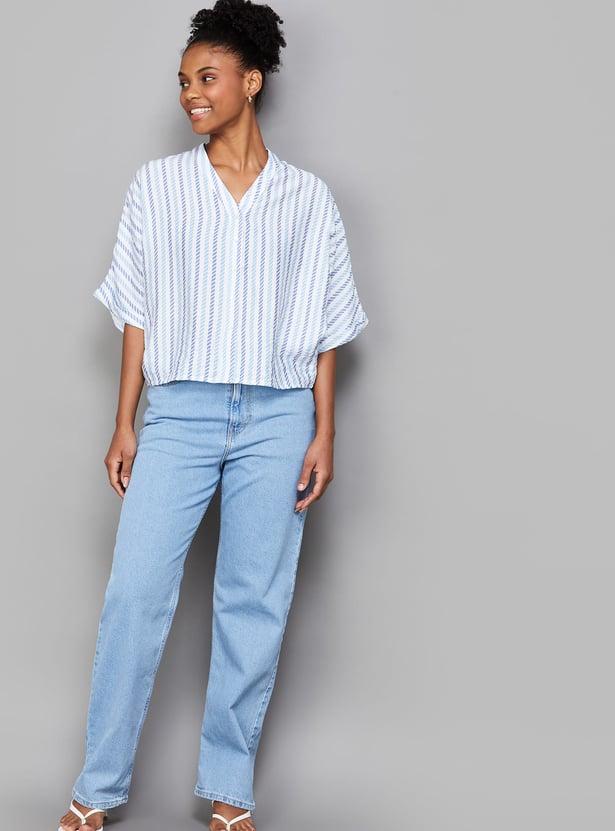 AND Striped V-Neck Button Closure Crop Top