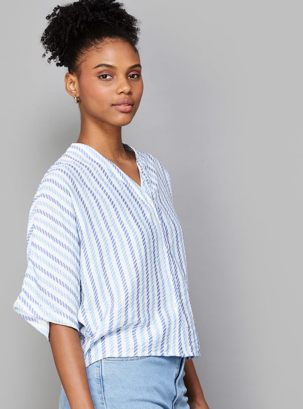 AND Striped V-Neck Button Closure Crop Top