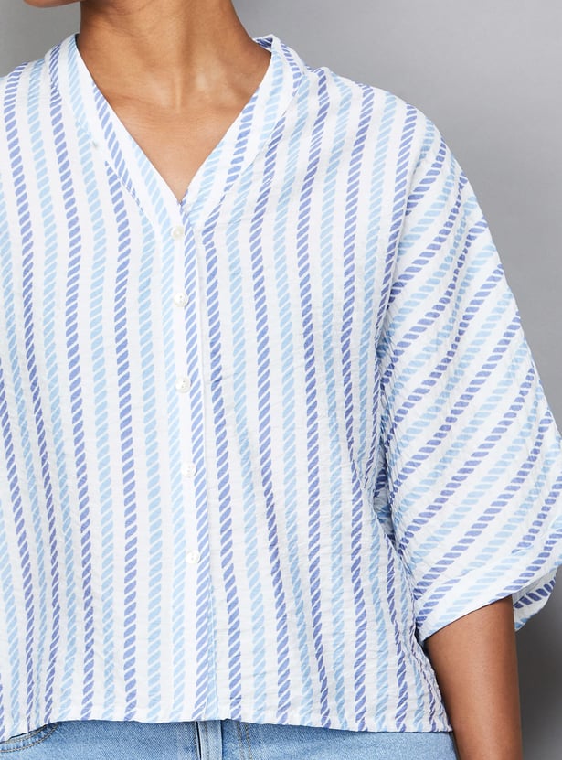AND Striped V-Neck Button Closure Crop Top