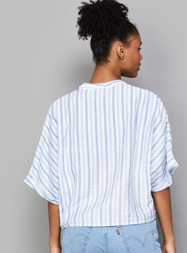 AND Striped V-Neck Button Closure Crop Top