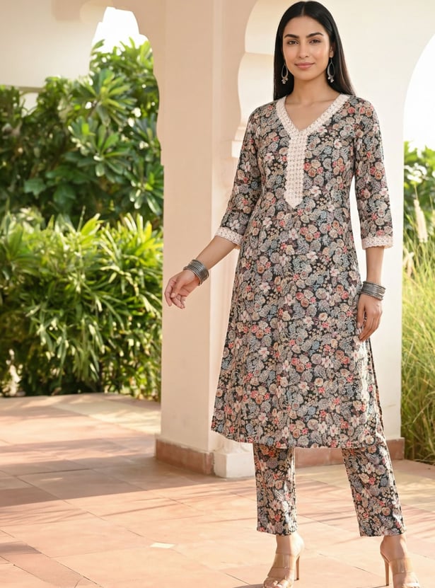 AURELIA Floral Print Straight Kurta Set