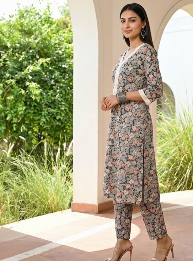 AURELIA Floral Print Straight Kurta Set