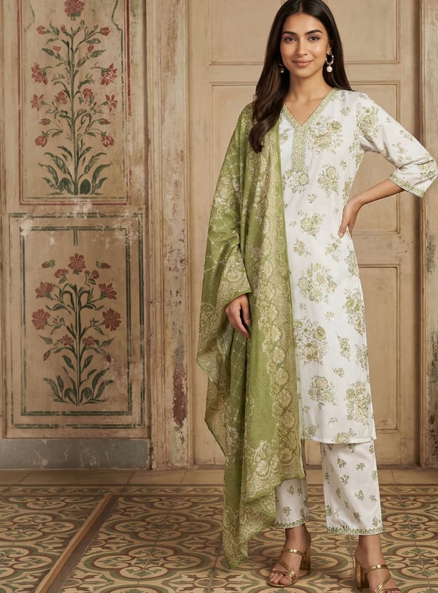 AURELIA Floral Print Straight Kurta Set