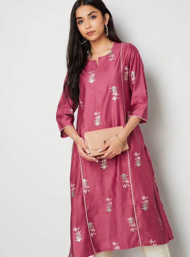 MELANGE Floral Print Notched Neck Straight Kurta