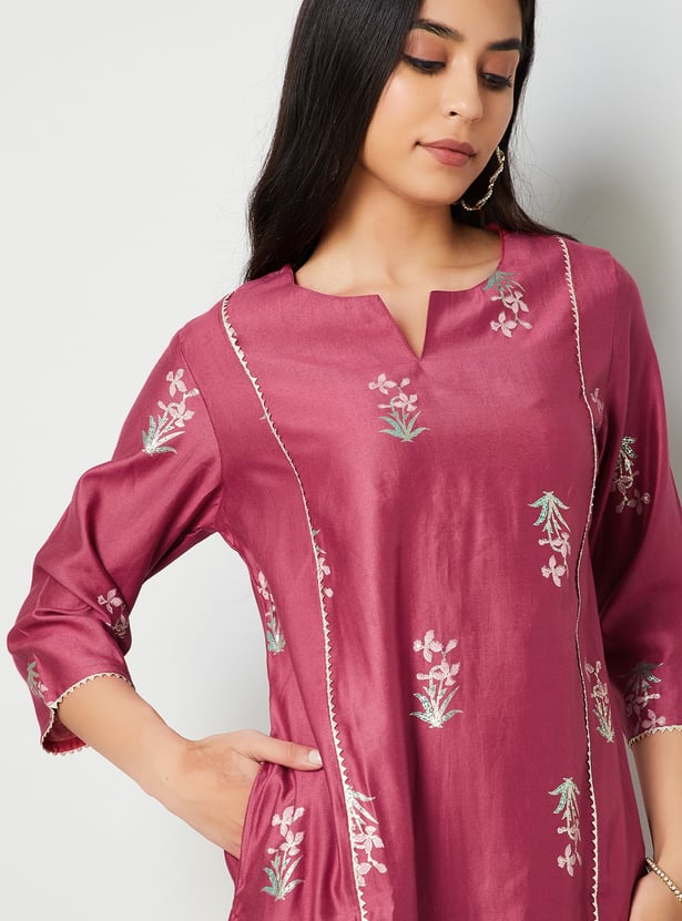 MELANGE Floral Print Notched Neck Straight Kurta
