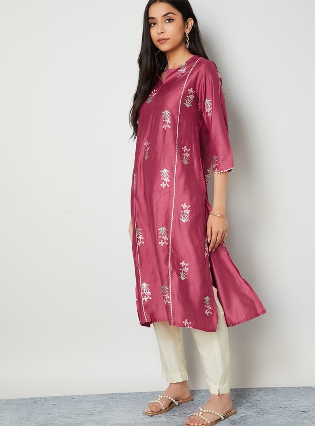 MELANGE Floral Print Notched Neck Straight Kurta