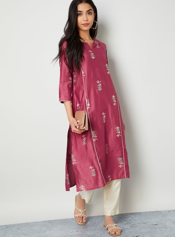 MELANGE Floral Print Notched Neck Straight Kurta