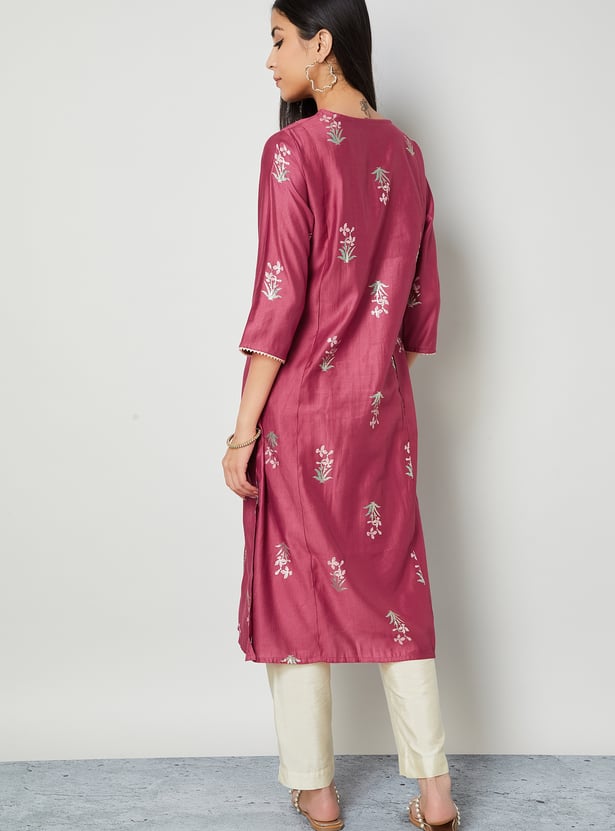 MELANGE Floral Print Notched Neck Straight Kurta