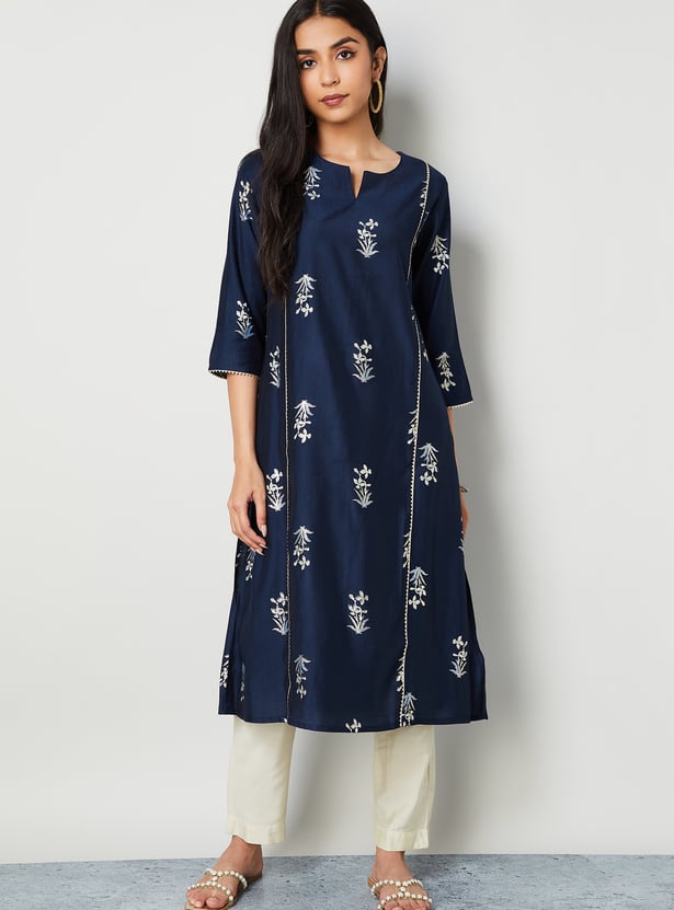 MELANGE Embroidered Notched Neck Straight Kurta