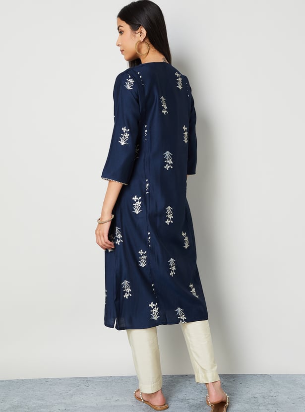 MELANGE Embroidered Notched Neck Straight Kurta