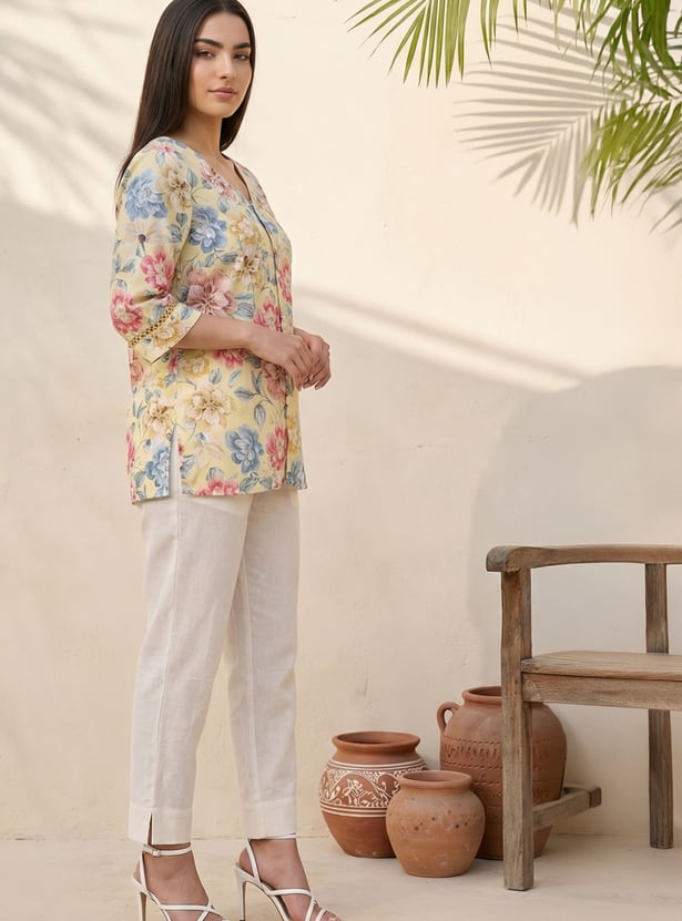 AURELIA Floral Print V-Neck 3/4th Sleeves Top