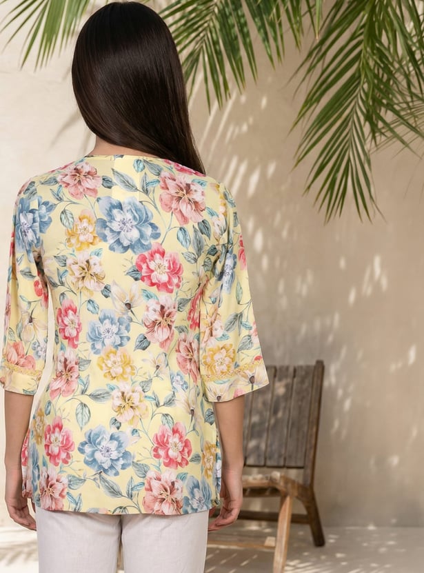 AURELIA Floral Print V-Neck 3/4th Sleeves Top