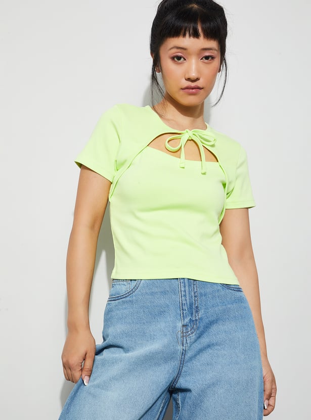 GINGER Solid Tie-Up Neck Top