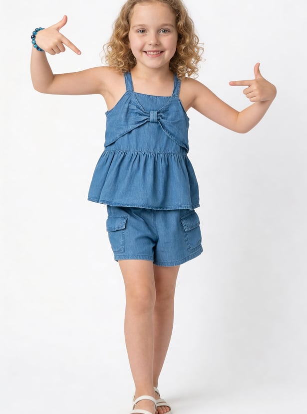 FAME FOREVER Girls Bow-Detail Denim Top