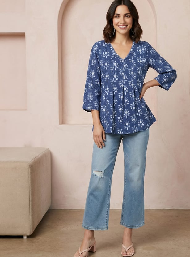 W Floral Print V-Neck Top