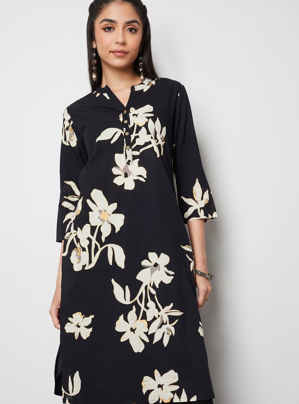 MELANGE Floral Print Notched Neck Straight Kurta