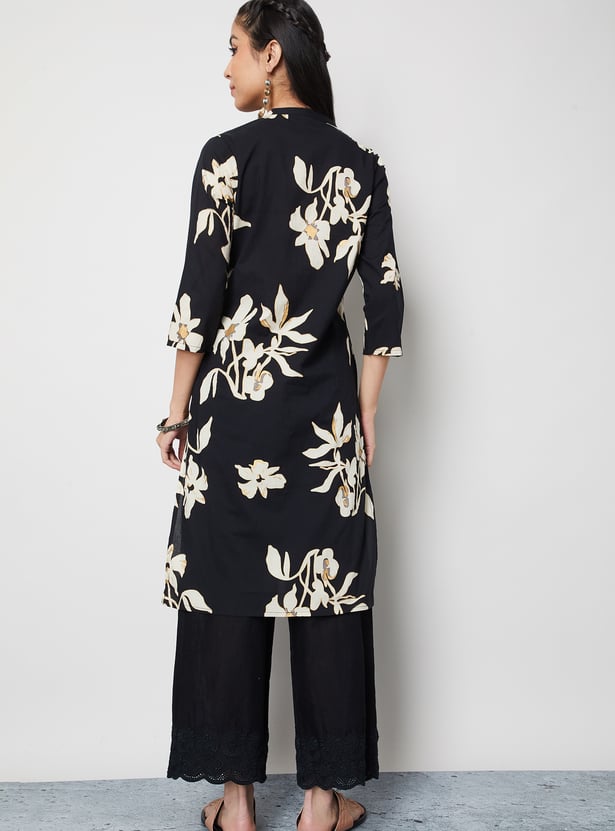MELANGE Floral Print Notched Neck Straight Kurta