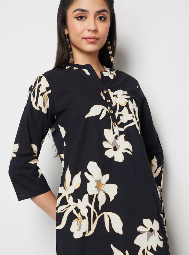 MELANGE Floral Print Notched Neck Straight Kurta