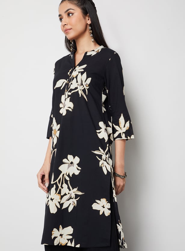 MELANGE Floral Print Notched Neck Straight Kurta